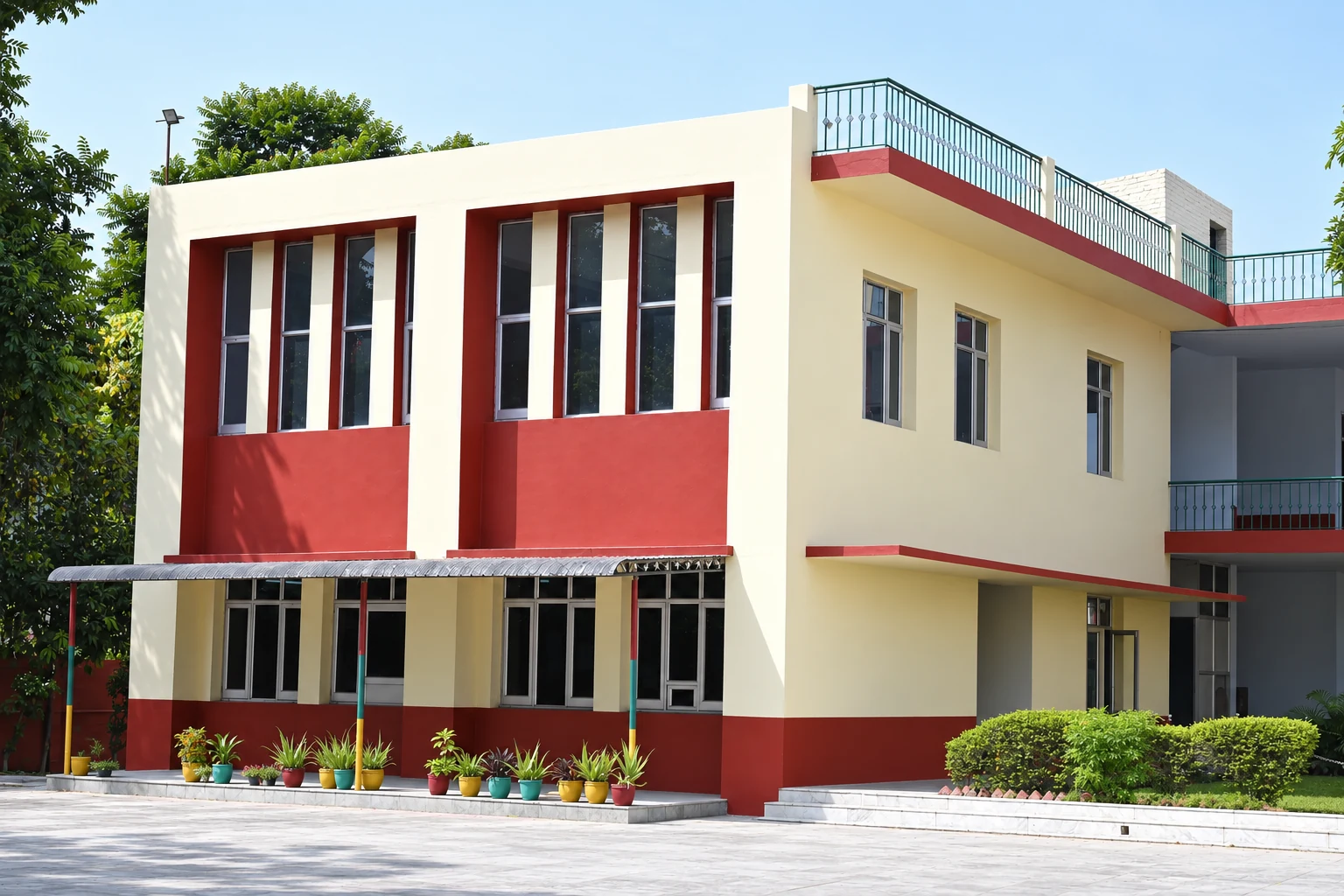 A professionally retouched view of the real Pine Grove College academic building and courtyard.