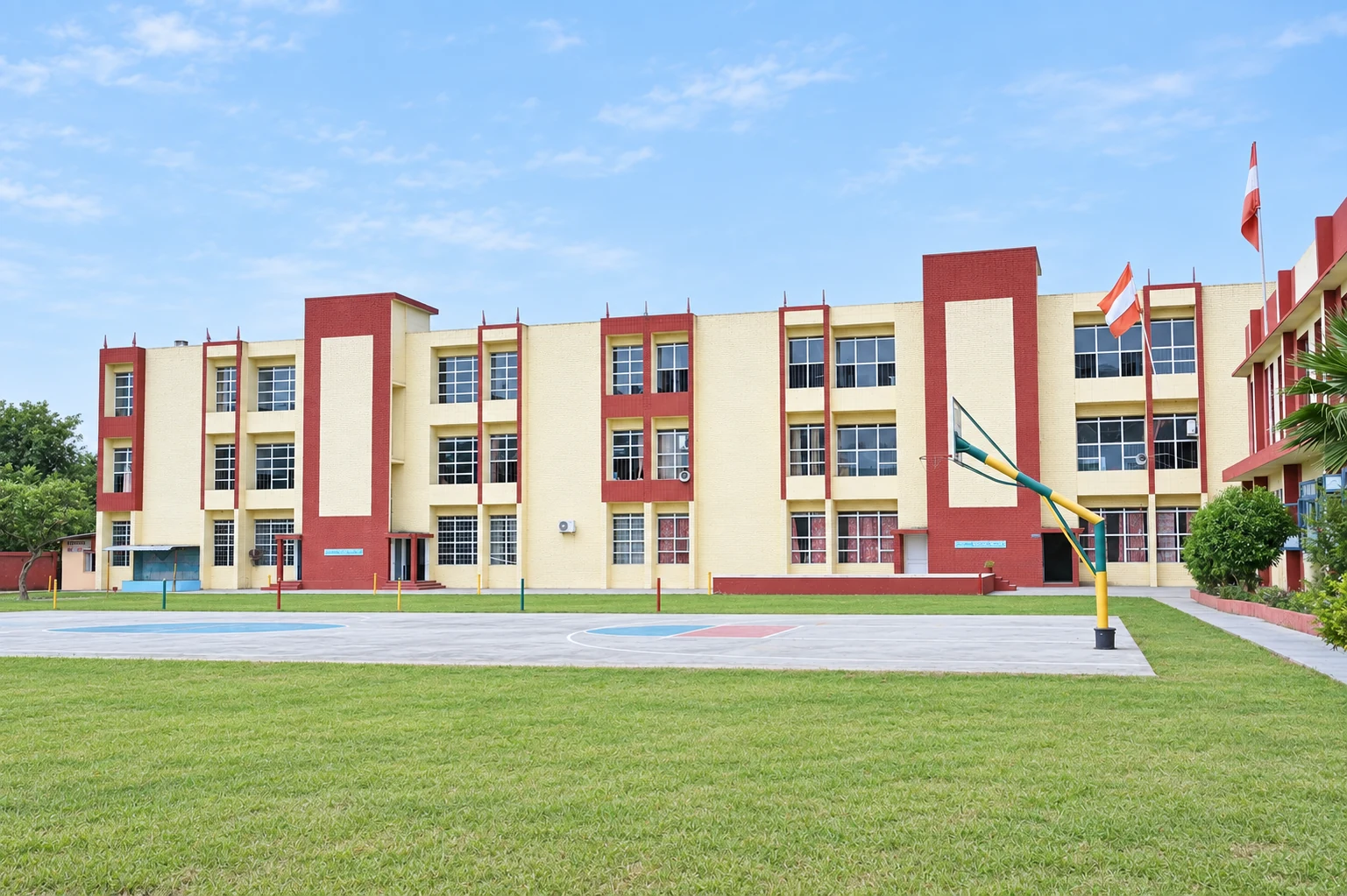 A professionally retouched view of the real Pine Grove Public School academic block, basketball court and lawn at Bassi Pathana.
